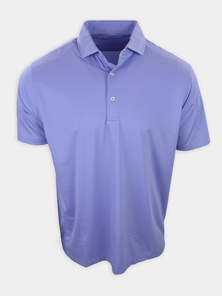 Short-sleeved polo shirt in light purple with horizontal stripes and a collared neckline.