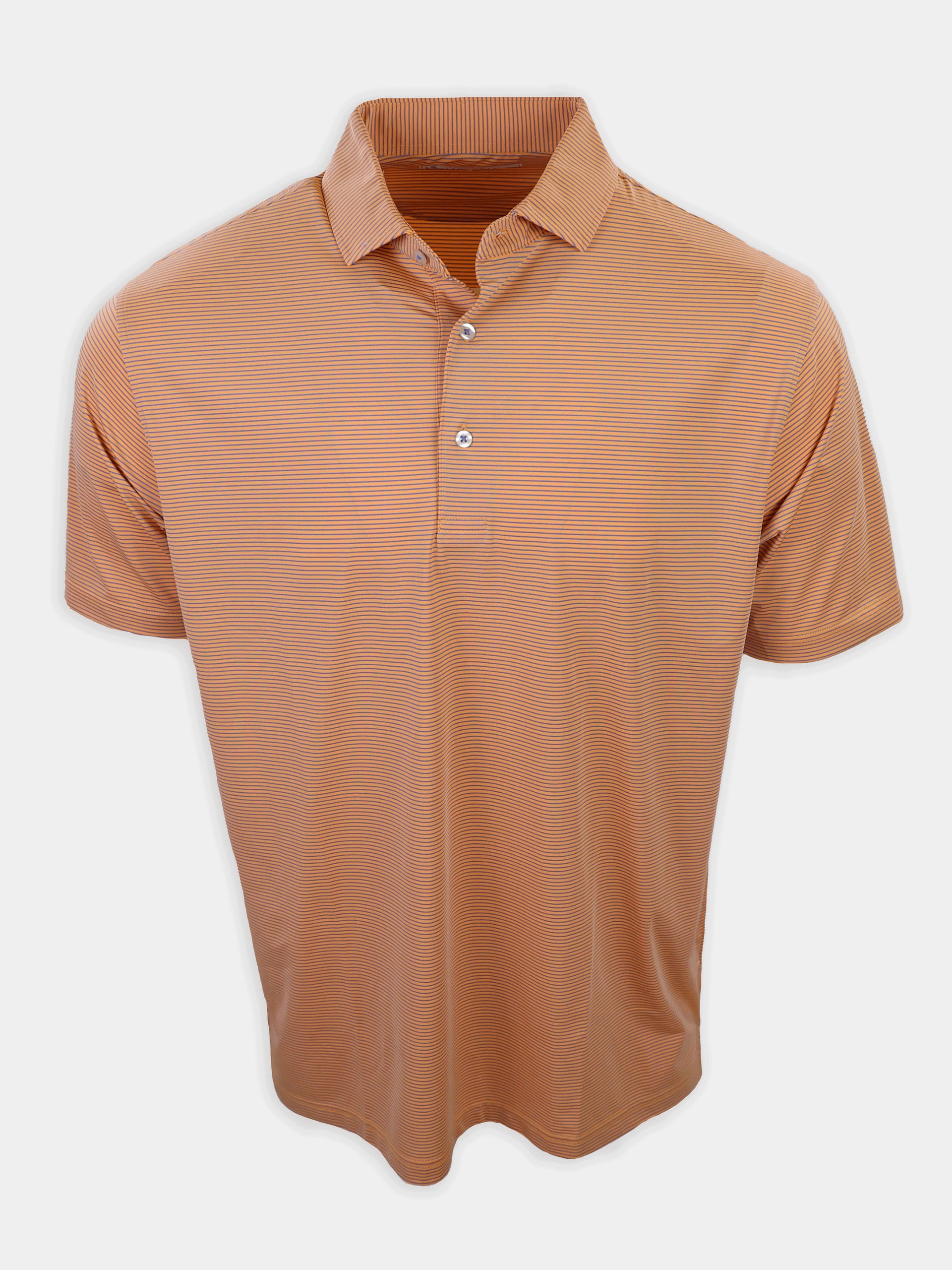 A short-sleeved, collared polo shirt in an orange striped pattern is displayed.