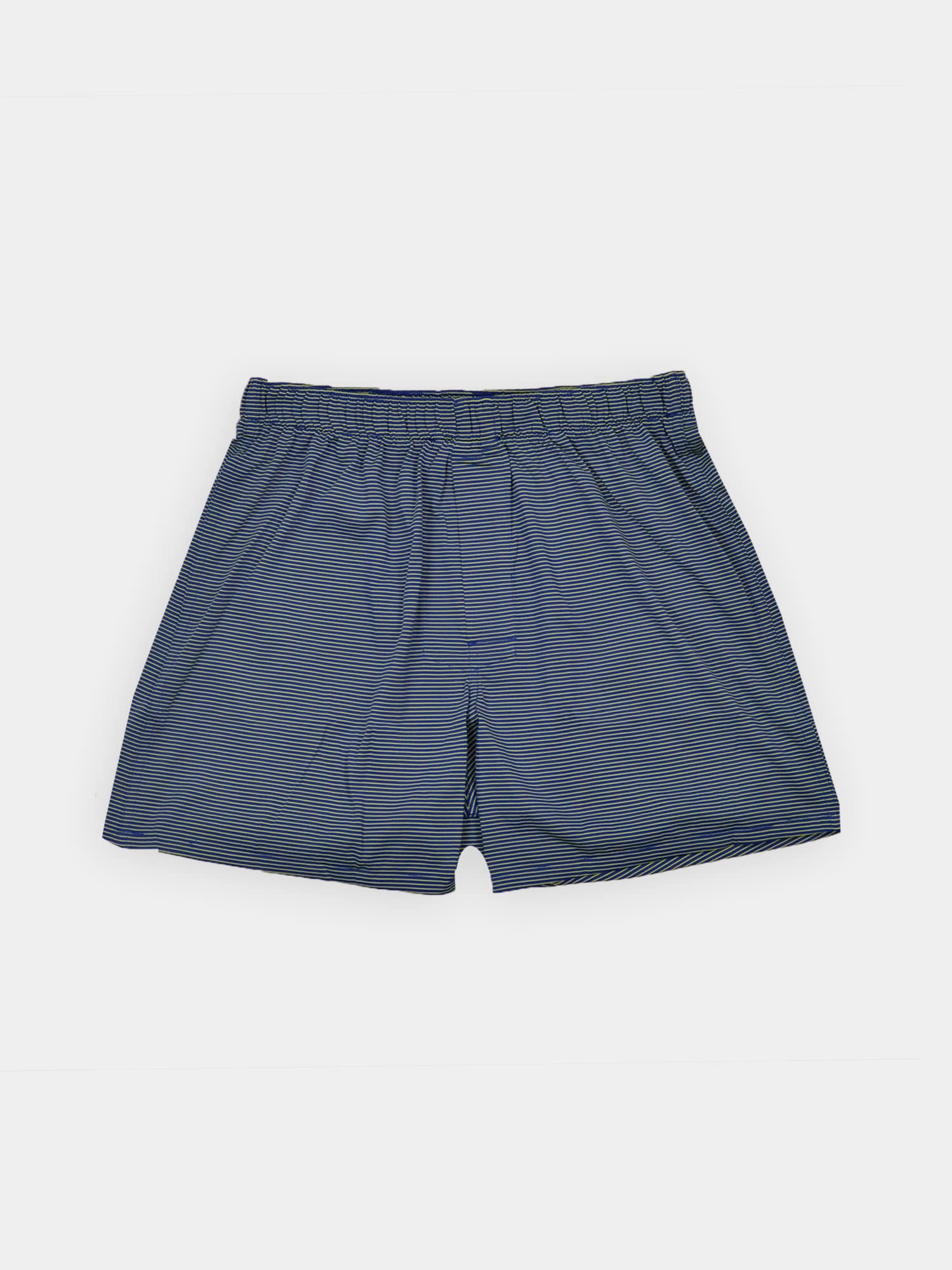 Blue and white striped men's boxer shorts with an elastic waistband