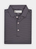 Folded black and white striped polo shirt with a label inside the collar, made with performance fabric for golfers