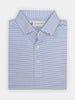 Folded white short-sleeve golf polo shirt with navy-blue and white stripes