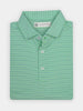 Folded green and blue striped polo shirt with a buttoned collar, neatly arranged against a white background