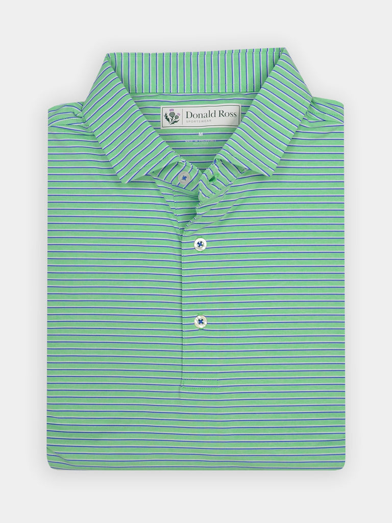 Folded green and blue striped polo shirt with a buttoned collar, neatly arranged against a white background