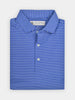 Folded blue polo shirt with white horizontal stripes, neatly arranged. The collar is buttoned, displaying a classic design, conveying a crisp, clean look.