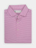 Pink striped polo shirt, neatly folded with an official Donald Ross label. Features a classic collar and three buttons, conveying a casual and polished look.