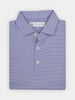 Folded men's polo shirt with purple and white horizontal stripes, featuring a collar and three buttons. The design is neat and classic, exuding elegance.