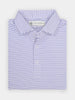 Folded blue and white striped polo shirt with a collar, featuring a label at the neckline. The shirt has a neat, classic appearance.