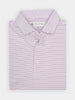 Folded collared men's polo shirt with thin white and pink shadow stripes. Features performance fabric and an official Donald Ross label.