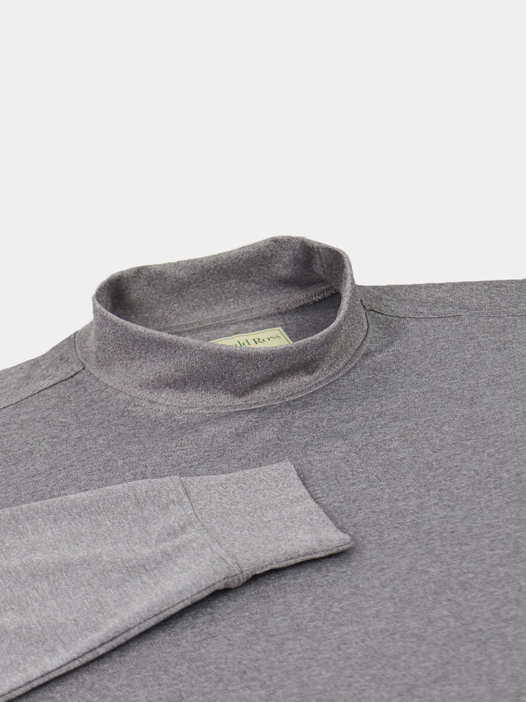 Gray mock neck sweater on a white background, featuring long sleeves and a soft, textured fabric, conveying a cozy and casual vibe.