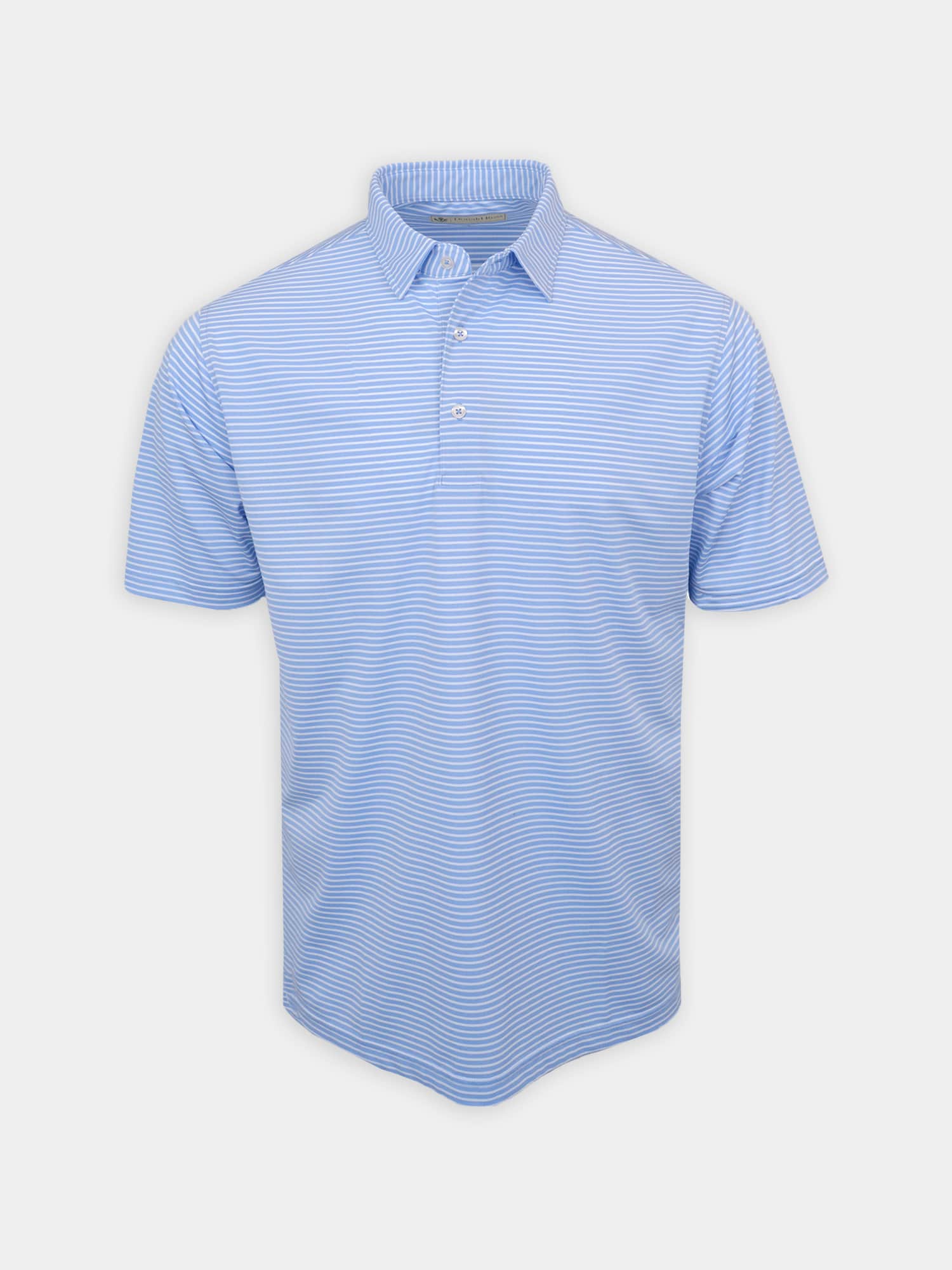 Light blue pinstriped polo shirt on a white background. It features short sleeves, a classic collar, and a three-button placket, conveying a casual tone.