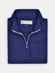 Dark blue quarter-zip pullover with a folded collar and silver zipper, featuring an embroidered Donald Ross label inside. Neatly folded on a white background.