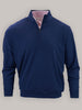 Navy blue quarter-zip sweatshirt with long sleeves and a patterned interior collar.
