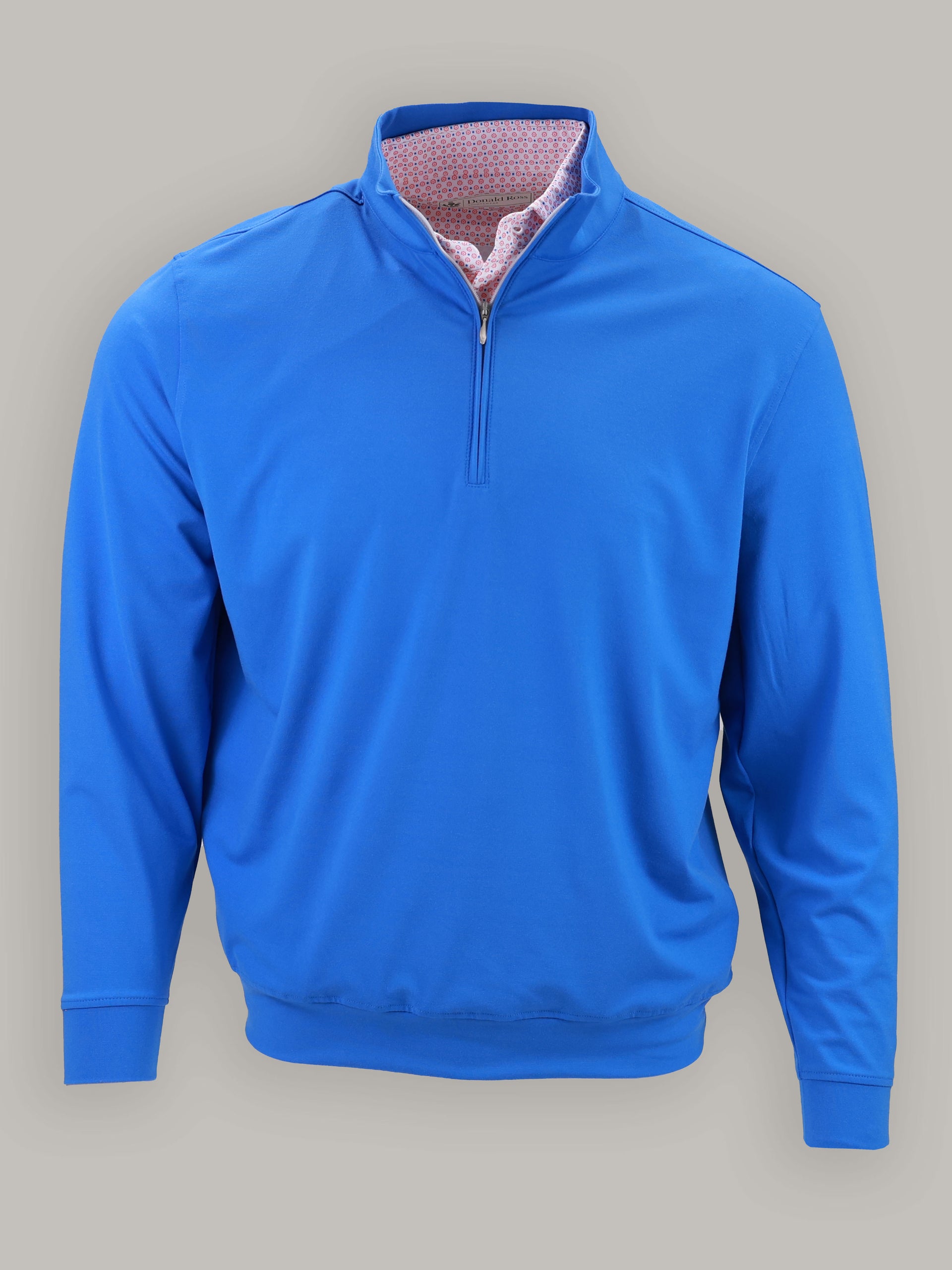 A blue quarter-zip pullover sweatshirt with long sleeves is displayed against a plain gray background.