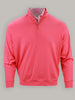 A pink pullover with a zippered collar is displayed against a gray background.