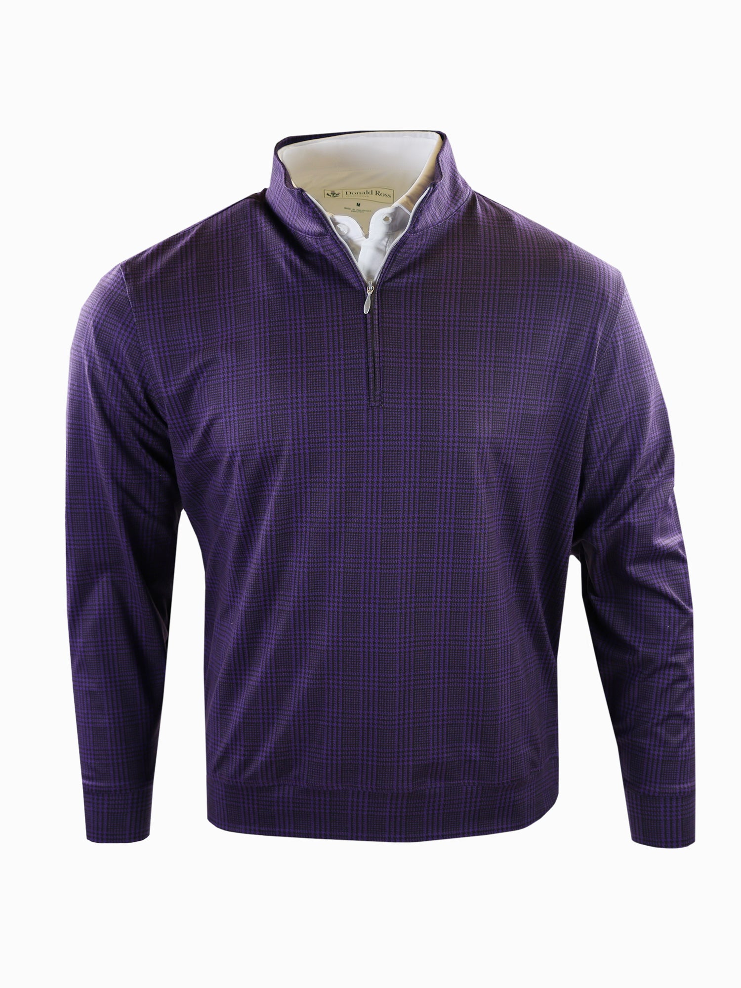 A purple long-sleeve pullover with a subtle checkered pattern, featuring a quarter-zip collar. It exudes a formal, stylish, and refined look.