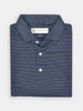 Folded navy blue button-up shirt with light blue stripes, a stiff collar, and visible buttons. Neatly presented against a plain white background.