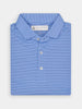 Folded blue polo shirt with thin black stripes and a neatly buttoned placket. Features a sewn-in label at the collar, creating a classic, polished look.