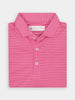 Folded pink-striped polo shirt with navy pinstripes and a buttoned collar, set against a plain white background