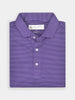 Folded purple golf polo shirt with white horizontal pinstripes and buttons, featuring a classic collar
