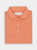 Orange polo shirt with thin navy horizontal stripes, neatly folded. Features a three-button placket and a label inside the collar, conveying a classic, elegant style.