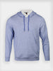 Light blue hooded sweatshirt with drawstrings, layered over a white collared shirt. The look is casual and neat, suited for relaxed or semi-casual settings.