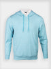 Light blue pullover hoodie with a clean design, featuring drawstrings and a visible white collared shirt underneath