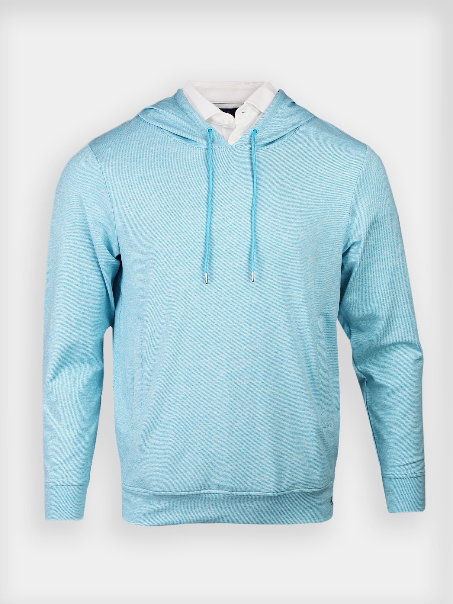 Light blue pullover hoodie with a clean design, featuring drawstrings and a visible white collared shirt underneath