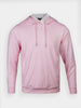Light pink hoodie with drawstrings, layered over a visible white collared shirt.