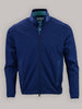 Navy blue jacket with a high collar and zippered pockets displayed against a neutral background.