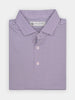 Folded purple and white striped golf polo shirt with a collar and three buttons, made with performance fabrics