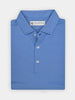 Blue multi-striped golf polo shirt, neatly folded, with a collar and three buttons