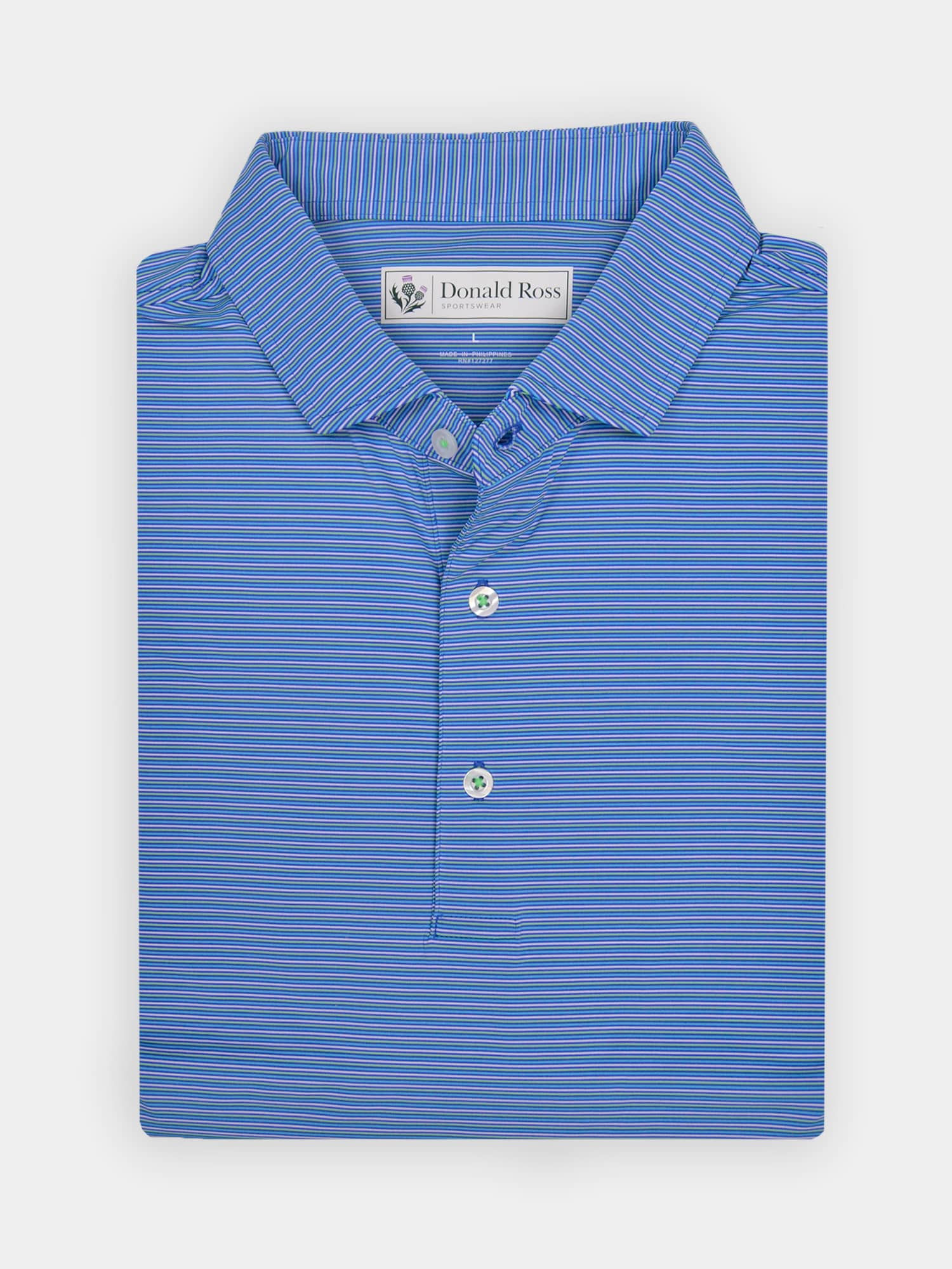 Blue multi-striped golf polo shirt, neatly folded, with a collar and three buttons