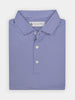 Folded blue and white multi-striped golf polo shirt with a collar and three white buttons