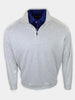 A light gray quarter-zip pullover is displayed with a blue collared shirt partially visible underneath.