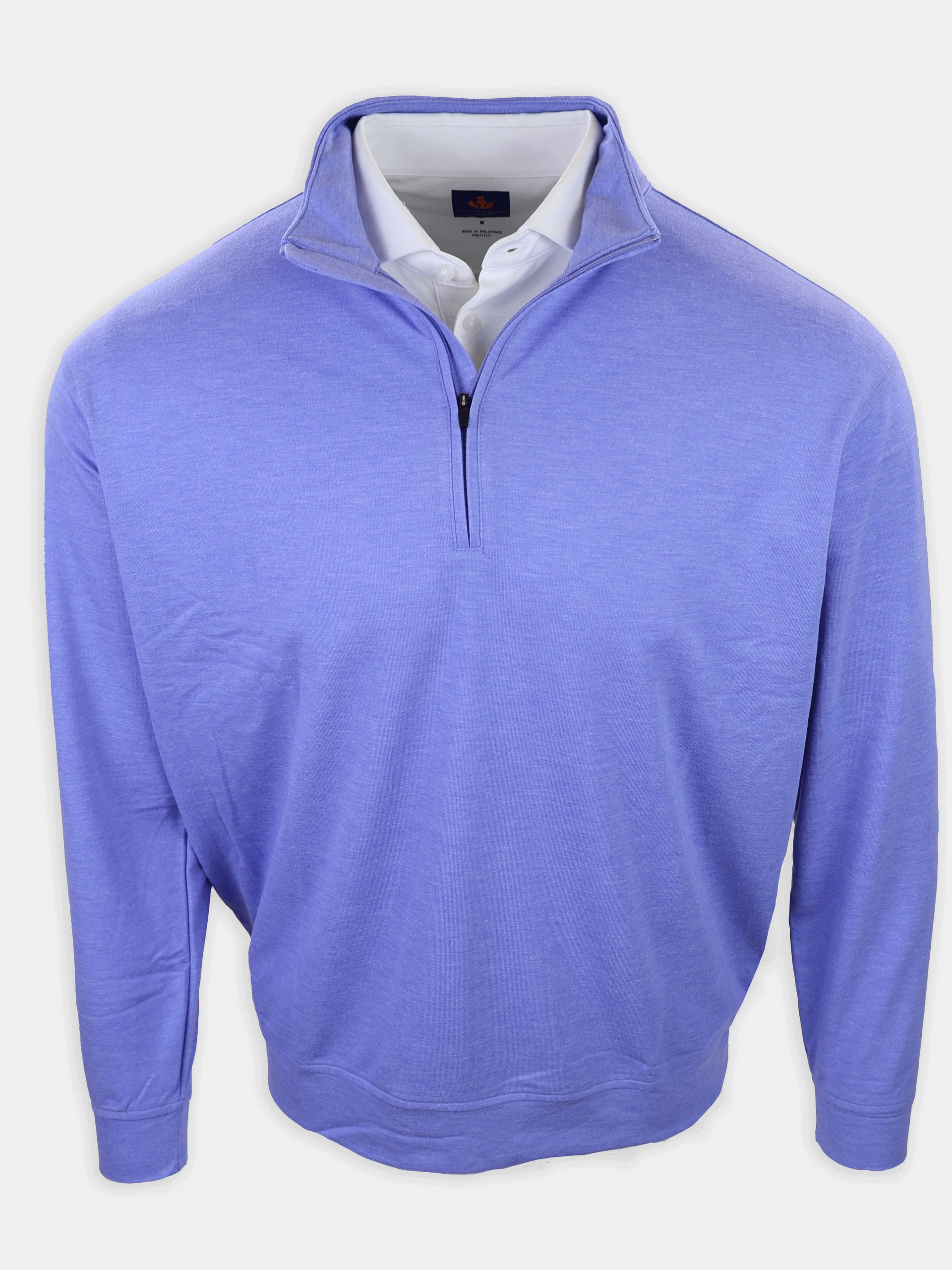Light purple half-zip sweater with a white collared shirt underneath displayed against a neutral background.
