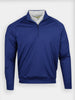 A royal blue, long-sleeve golf pullover with a quarter-zip front, worn over a white collared shirt