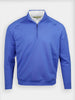 Blue quarter-zip pullover with long sleeves and a high collar, revealing a white collared shirt underneath