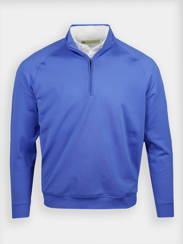 Blue quarter-zip pullover with long sleeves and a high collar, revealing a white collared shirt underneath