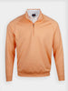 Orange quarter-zip pullover on display. It features a simple design with long sleeves and a collar pulled over a white golf polo shirt