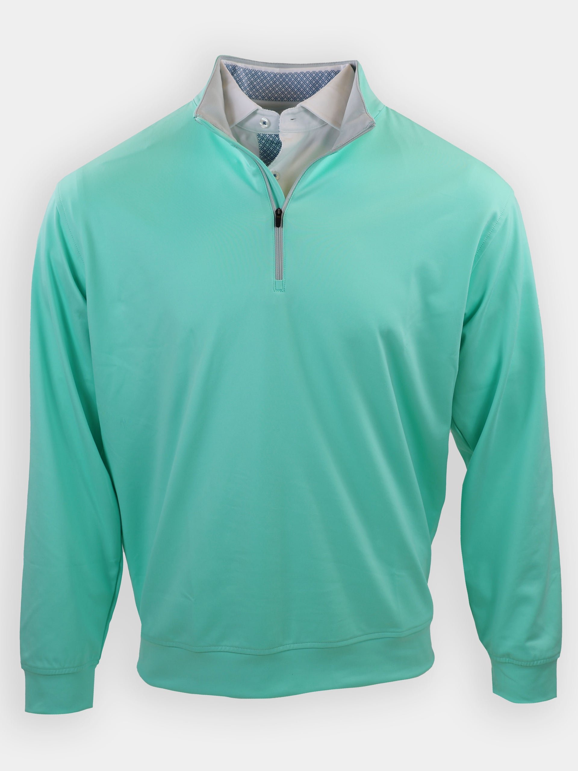 A mint green long-sleeve pullover with a zippered collar and a contrasting inner collar design is displayed against a white background.