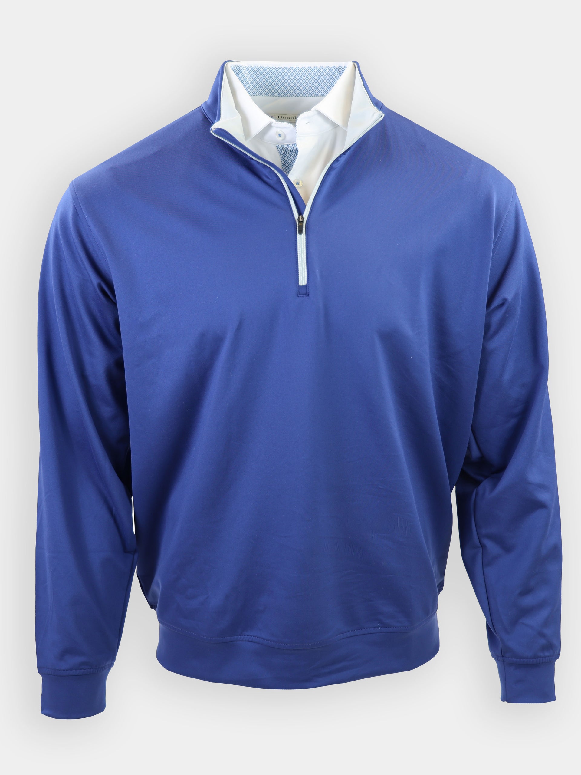 A blue pullover with a collar and a half-zip is displayed against a white background.