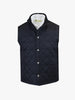 A sleek black quilted vest with a stand-up collar and silver buttons. The vest has a diamond pattern and exudes a classic, sophisticated style.