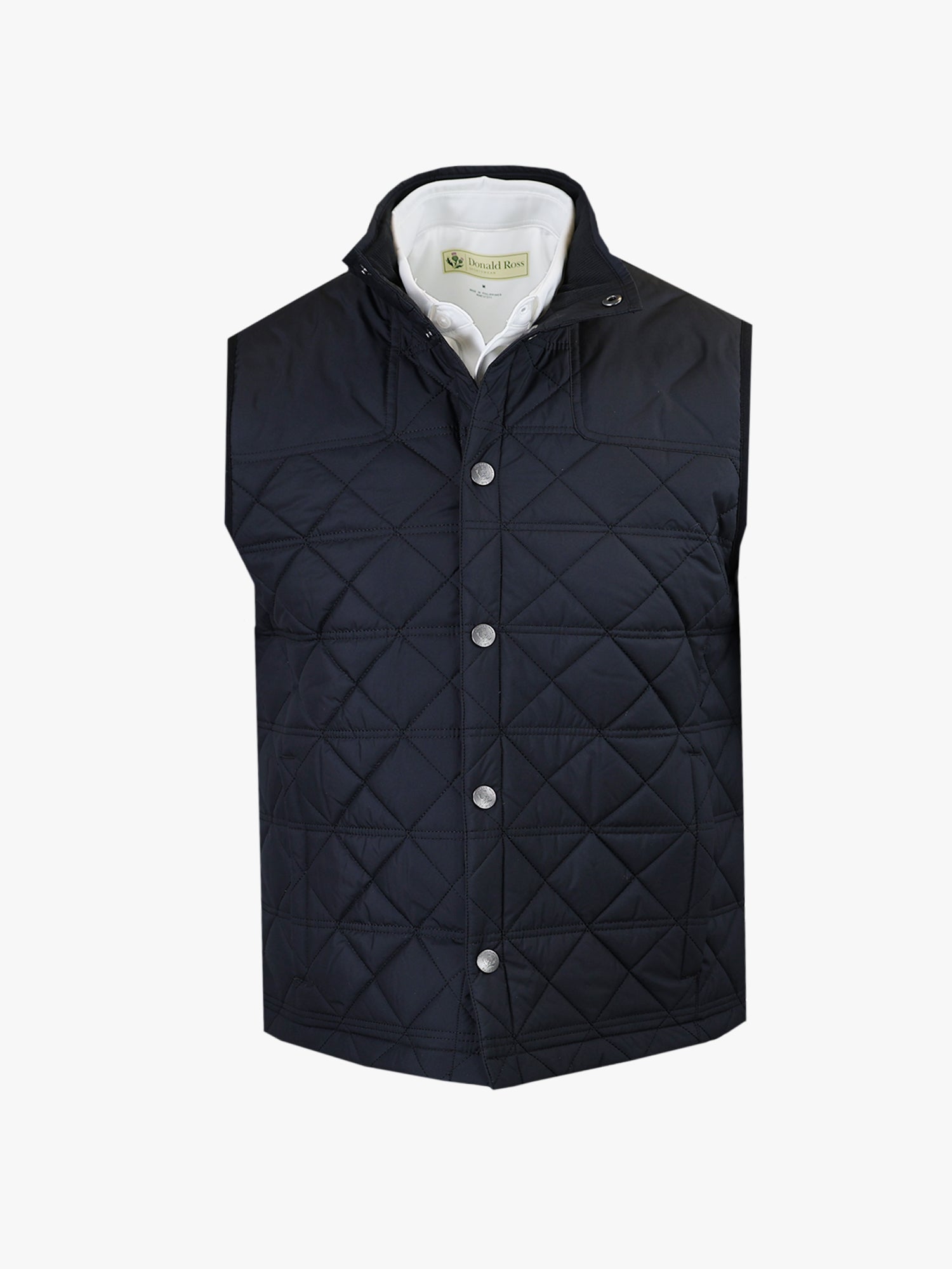 A sleek black quilted vest with a stand-up collar and silver buttons. The vest has a diamond pattern and exudes a classic, sophisticated style.
