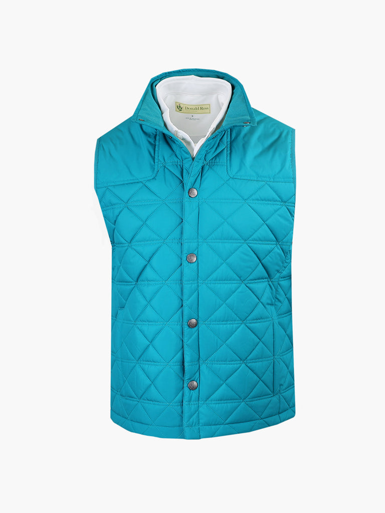 Mallard green quilted vest with a collar and silver buttons, arranged on a hanger. The background is plain white, highlighting the vest's vibrant color.