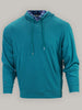 Teal hooded sweatshirt with a patterned inner lining is displayed against a neutral background.
