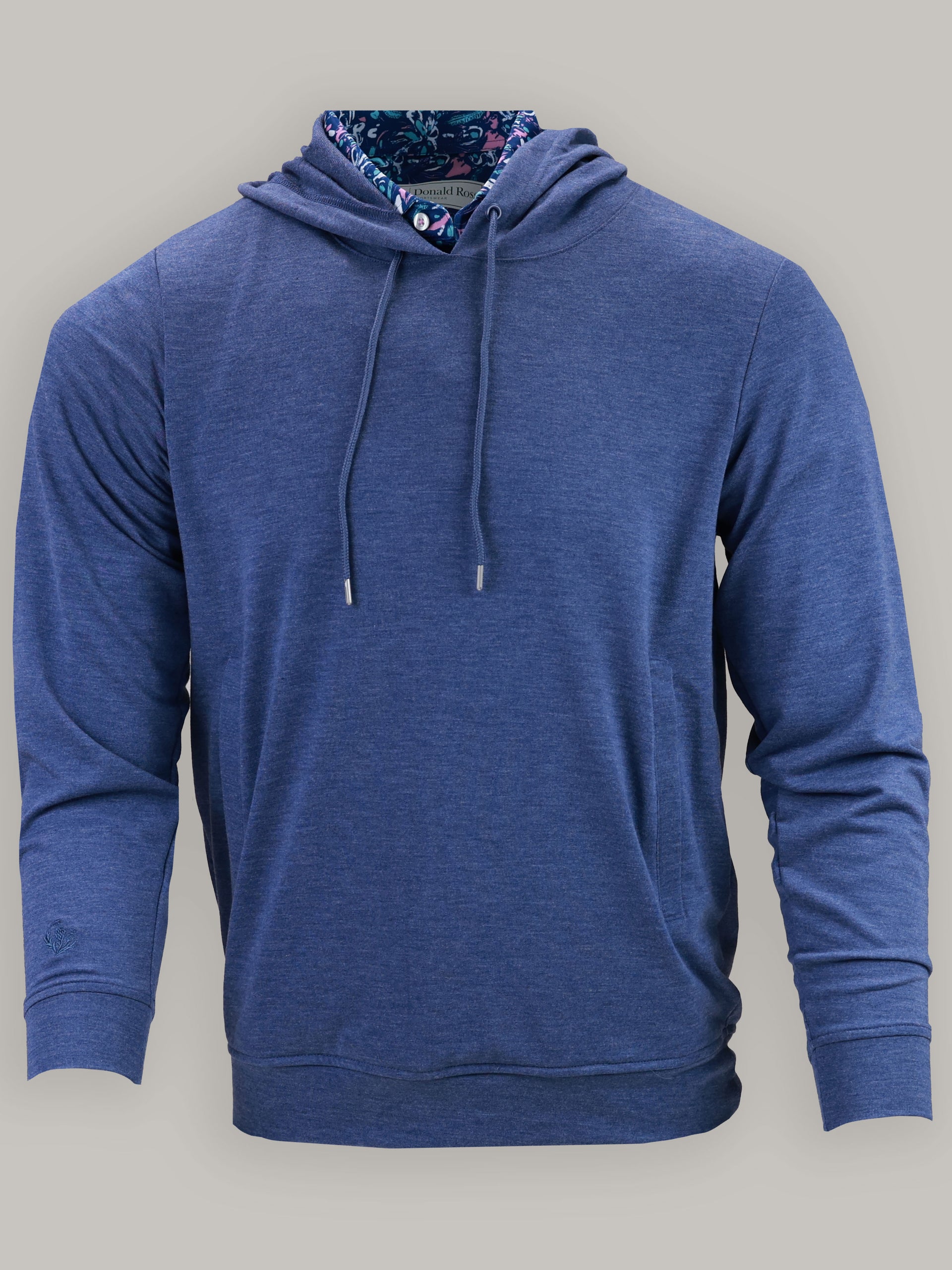 A blue hooded sweatshirt is displayed against a plain gray background.