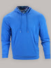 Blue hoodie with a drawstring and a patterned collar displayed against a gray background.