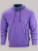 A purple hoodie with a floral-patterned interior collar is displayed against a grey background.