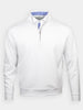 White long-sleeve pullover with a high collar and quarter-zip. Features a blue-striped inner collar and polo shirt beneath