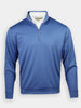 Blue quarter-zip golf pullover with a white inner collar, exuding a casual and sporty vibe on a plain background, ideal for layering.